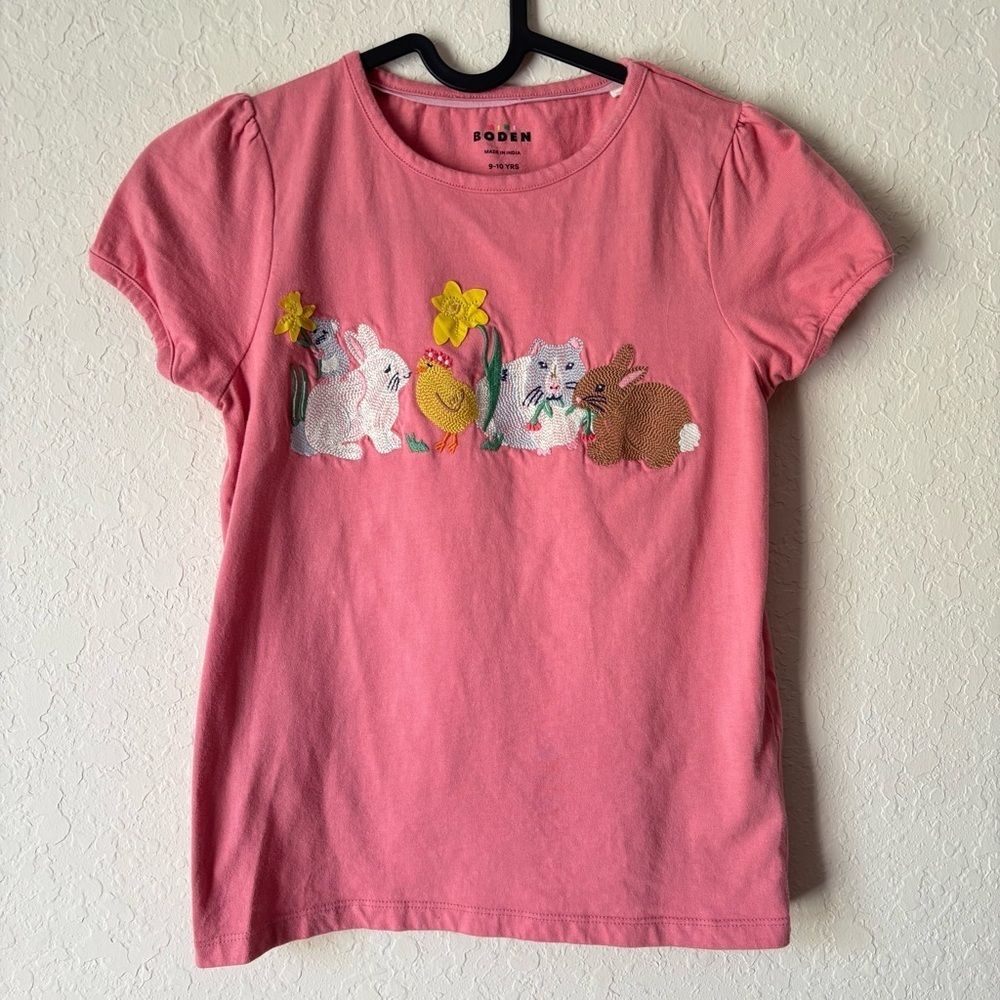 Mini Boden | Girl's Pink Cotton Embroidered Animal Flower Print Shirt Size 9-10